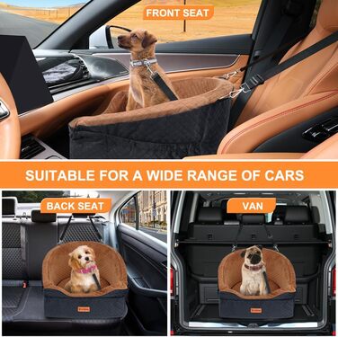 Elevated Dog Car Seat - Washable & Removable for Small & Medium Dogs (Up to 13.6KG) with Storage Pockets & Safety Belt - Black & Brown