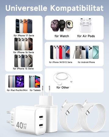 Зарядний пристрій 2x40W USB-C для iPhone 17 Pro Max/Pro/16/15 Plus, iPad Pro/Air, з кабелем 2м (Білий)