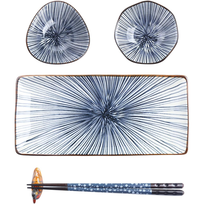 Набір керамічного посуду Artcome 10 шт. у японському стилі: 2 тарілки для суші, 2 соусники, 2 тарілки для закусок, 2 пари паличок для їжі, 2 підставки для паличок. Колір: блакитний.