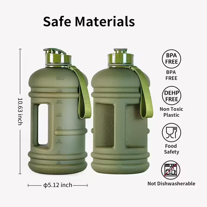 TOOFEEL Water Bottle 2L - 2 Liter Water Bottle BPA Free, Large Bottle, Reusable Sports Water Bottle with Marked Measurements, Gym Water Bottle - (Matte Olive Bottle, 2200 ml)