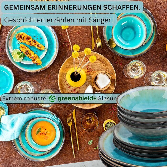 SÄNGER | Capri Dinnerware Set, 12-Piece, Plate Set for 4 People, Stoneware Dinnerware including Dinner Plates, Dessert Plates & Deep Plates, Turquoise Blue Tableware Set with Grey Rim | PREMIUM COLLECTION 12-Piece Dinnerware Set