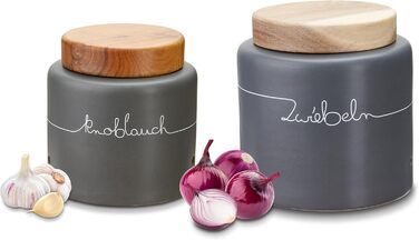 Набір контейнерів для зберігання KHG для кухні сірого кольору антрацит з дерев'яними кришками, керамічні контейнери для продуктів, з маркуванням, набір органайзерів для кухні, без пластику та світлонепроникні (набір для цибулі та часнику)