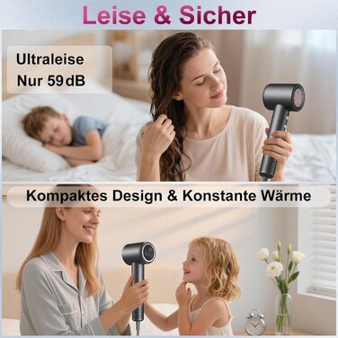 Фен для волосся з іонізацією 200 млн іонів, з насадкою-дифузором, безщітковий двигун 110 000 об/хв, 1600 Вт, 59 дБ, компактний фен для подорожей, 2 роки гарантії