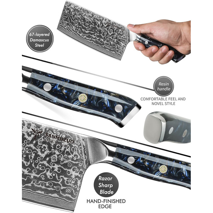 SANMUZUO Nakiri Messer 19 см - професійний ніж шеф-кухаря Дамаск, серія Xuan, VG10 сталь, ручка з епоксидної смоли (Dream Orange)