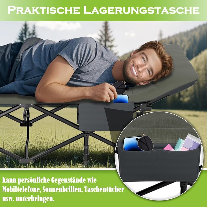 Розкладне ліжко-крісло для кемпінгу 185x75 см з матрацом, подушкою та кишенею, до 250 кг, для відпочинку на природі, саду та риболовлі