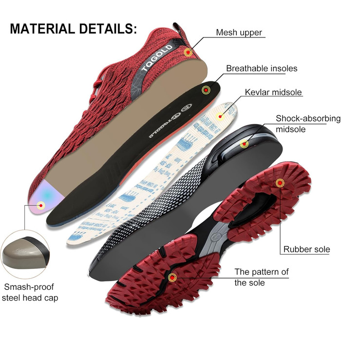 Черевики робочі AONEGOLD чоловічі/жіночі, спортивні, з металевим носком, антиковзаючі, дихаючі, розмір 36-48 EU, 43 EU, 8391, червоні