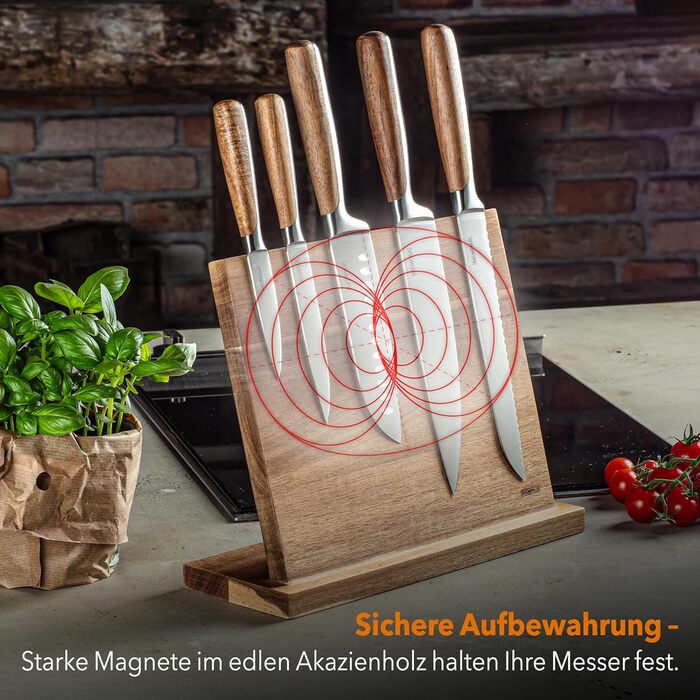 Baumfeld 6-Piece Knife Block Set - Premium Kitchen Knives with Acacia Wood Magnetic Block - Professional Chef Knife Set (Silver, Stainless Steel, & Tranchierbesteck)