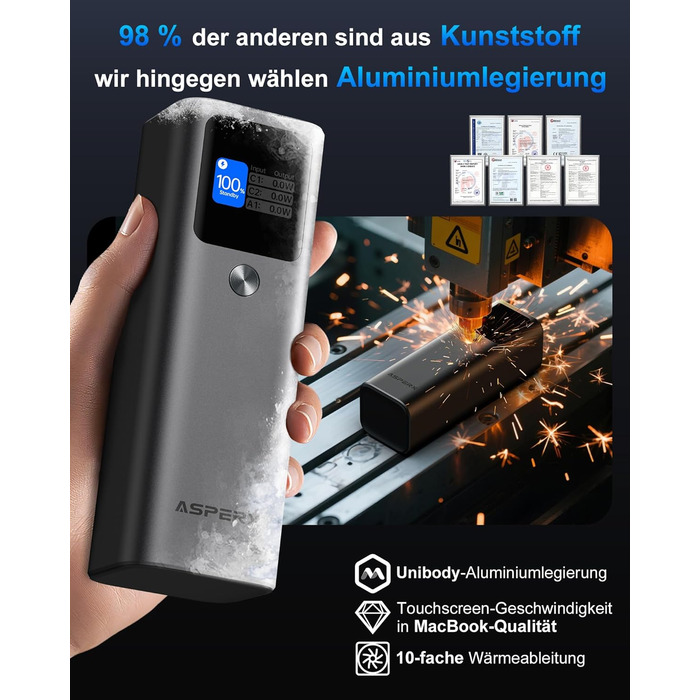 Power Bank AsperX 20000mAh, 165W, USB-C Кабель, для MacBook, Dell, HP, Lenovo, iPad, iPhone, Galaxy