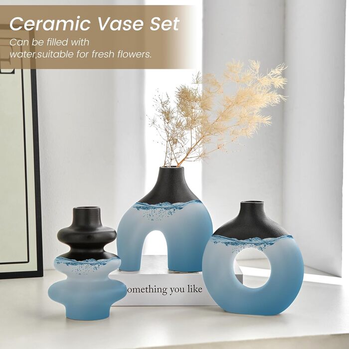 Set of 3 Black Ceramic Vases - Small Pampas Grass Decor, Modern Flower Vases for Home, Wedding & Living Room Centerpieces