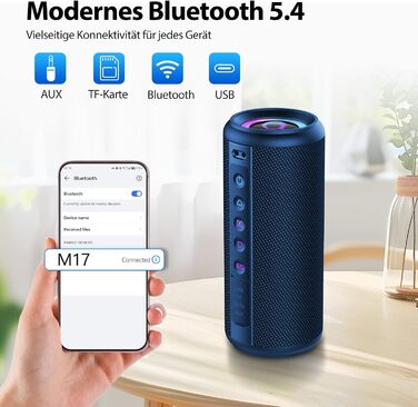 Bluetooth колонка 2026 з RGB підсвіткою, портативна, водонепроникна IP7, 20 годин роботи, з мікрофоном, для спорту, саду, вулиці - блакитна