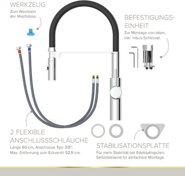 Кухонний змішувач Lenz NALU - матовий, з висувною лійкою, 2 режими, економія води, антижир, монтаж зверху, 46070422 (хром)