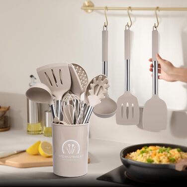 Набір кухонних аксесуарів 45 шт. з нержавіючої сталі: лопатки, ложки, скребки. Ідеальний для кухонного начиння та подарунків. (Хакі, 2)