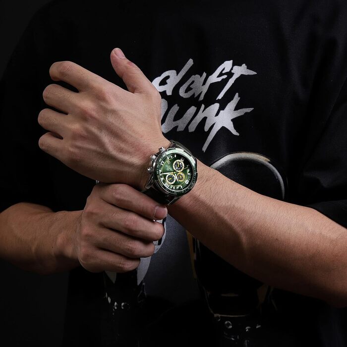 Годинники Naviforce Sport для чоловіків, аналогові, кварцові, з хронографом, шкіряний ремінець (срібло+зелений)