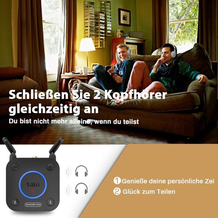 1Mii B06TX Bluetooth 5.2 Передавач для ТВ з aptX HD та низькою затримкою, велика дальність дії, аудіоадаптер для 2 навушників або динаміків, 3,5mm AUX/Оптичний/Коаксіальний вихід, регулювання гучності