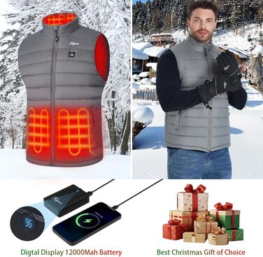 Електрична грійна жилетка для чоловіків Telguua з powerbank 12000mAh, 3 температурні режими, 4 зони обігріву, USB, для катання на лижах та роботи на вулиці (Сірий)