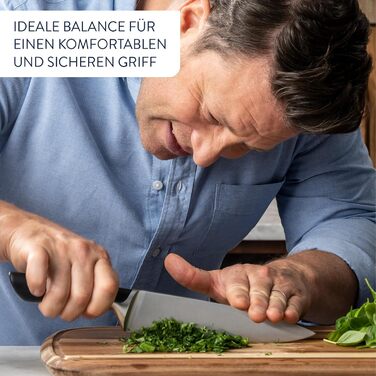 Набір ножів кухонних Jamie Oliver by Tefal (5 предметів) + блок: шеф-ніж, сантоку, для хліба, універсальний, овочечистка. Німецька сталь, акація, коричневий K267S556