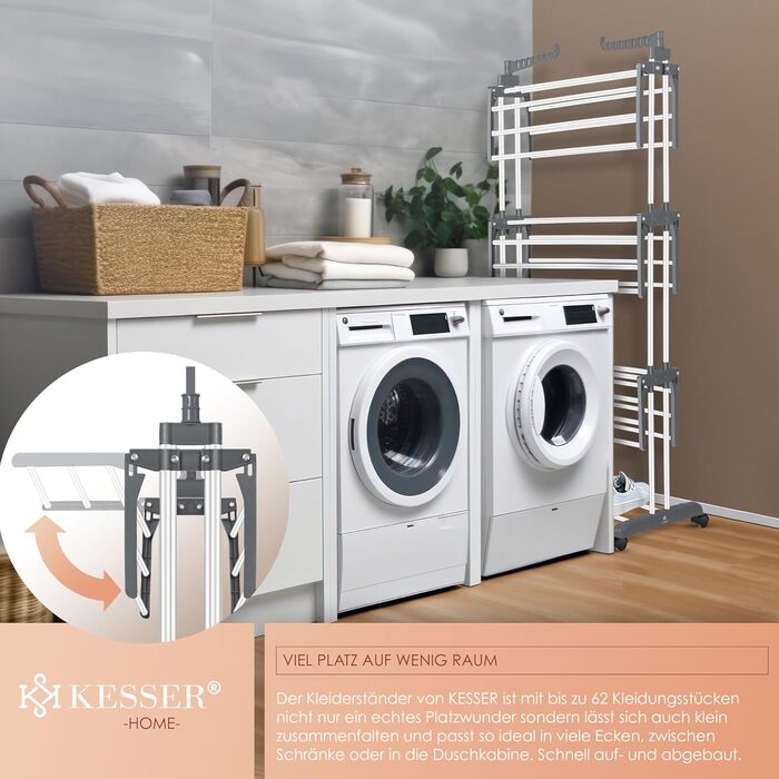 Кюссер® Сушилка для білизни з колесами - Турбо-модель, 4 яруси, 2 обертові крила, 6 склавних секцій, білий/антрацитовий