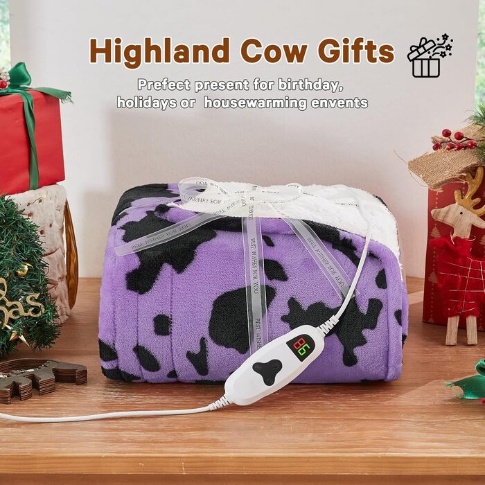 Електрична гріюча ковдра з принтом 'Корова', подвійний розмір, 157 x 213 см, фіолетовий колір, 10 режимів нагріву, автоматичне вимкнення через 8 годин, флісова та шерпа ковдра, тепла, подарунок для жінок, 62'x84' ковдра з принтом 'Високогірна корова'