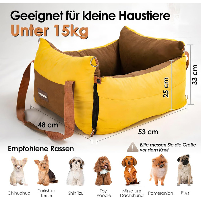 Portable Dog Car Seat for Small & Medium Dogs Under 15KG - Washable Travel Bed with Storage & Safety Belt (Green & Yellow)