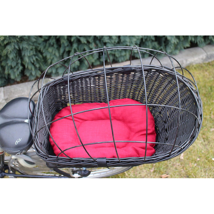 Корзина для велосипеда для перевезення вантажу з ротангу з металевою сіткою та подушкою, чорна XL або XXL. Підходить для собак та інших тварин. Розміри: XL (56 x 36 x 45 см) з подушкою.