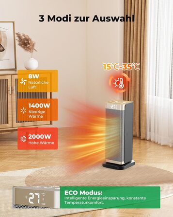 Електричний обігрівач 2000W з економним споживанням, тихий, 3 режими, PTC кераміка, швидкий нагрів, ECO режим, пульт ДУ, таймер 12H, поворот 70°, для офісу, спальні, ванної кімнати, золотий