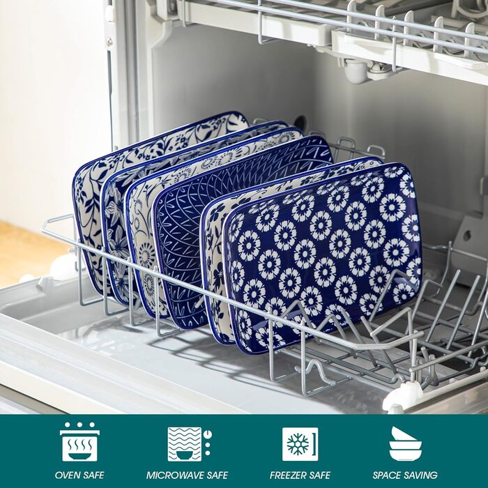 Набір сервірувальних тарілок Vancasso SELENE (6 шт.) - великі, прямокутні, порцелянові, для свят, сніданків, фуршетів, сирної тарілки, мікрохвильова піч та посудомийна машина, блакитно-білі