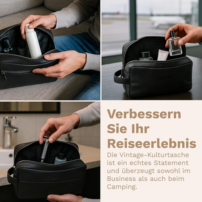 Сумка для косметики DONBOLSO Stockholm - Преміум шкіряна сумка для подорожей - Шкіряна косметичка для жінок та чоловіків з великою кількістю відділень - 25x13x15 см, Вінтажний чорний колір