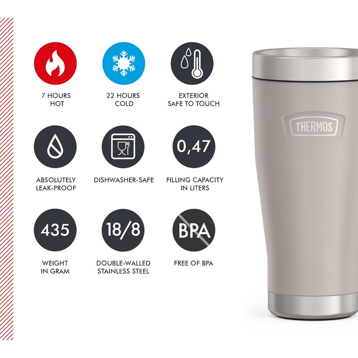 Термос ICON MUG 0,47л, темно-сірий/графітовий матовий, термокружка 0,47л, кавова кружка to go з нержавіючої сталі, ізотермічна кружка, 7 год гаряче / 22 год холодне, придатна для миття в посудомийній машині, абсолютно герметична, без BPA (470 мл, Бежевий 