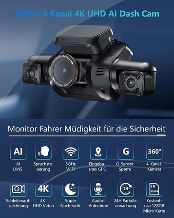 Відеореєстратор HUPEJOS KI Dashcam Auto 4-х канальний з монітором водія, 3K + 3 * 1080P, 360° камера, WiFi, GPS, CPL, 128GB, 24H парковка (V8Pro)