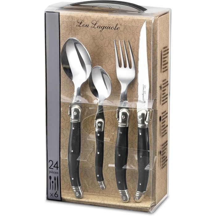 Набір столових приборів для стейка Lou Laguiole TRADITION (48 предметів) з нержавіючої сталі, антрацит, з кольоровими пластиковими ручками, на 12 осіб