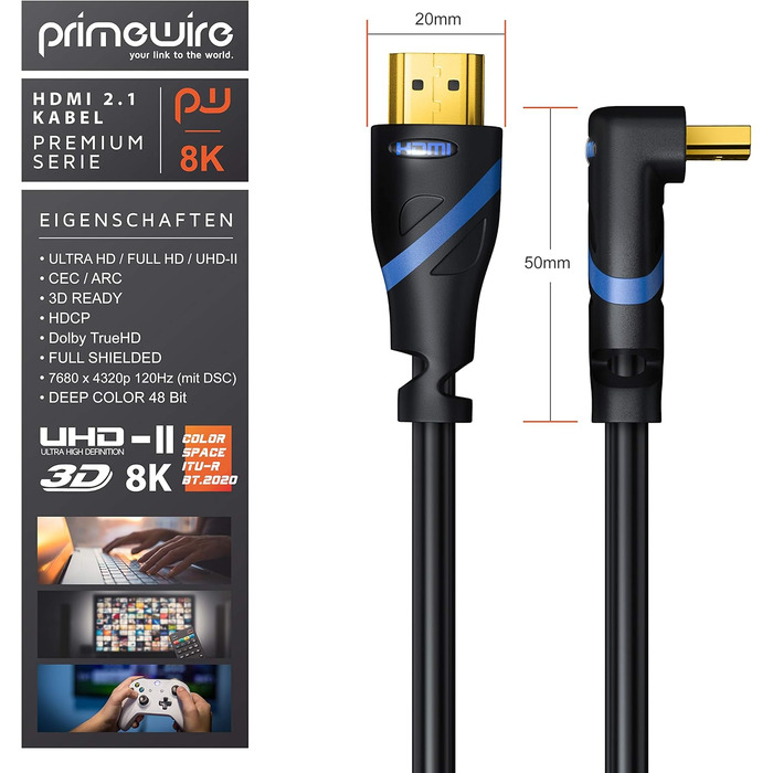 HDMI кабель 8K 2.1 з кутовим конектором 90° - 3 метри. Підтримка 8K@60Hz, DSC, UHD II, Dynamic HDR, eARC, VRR, Dolby Vision