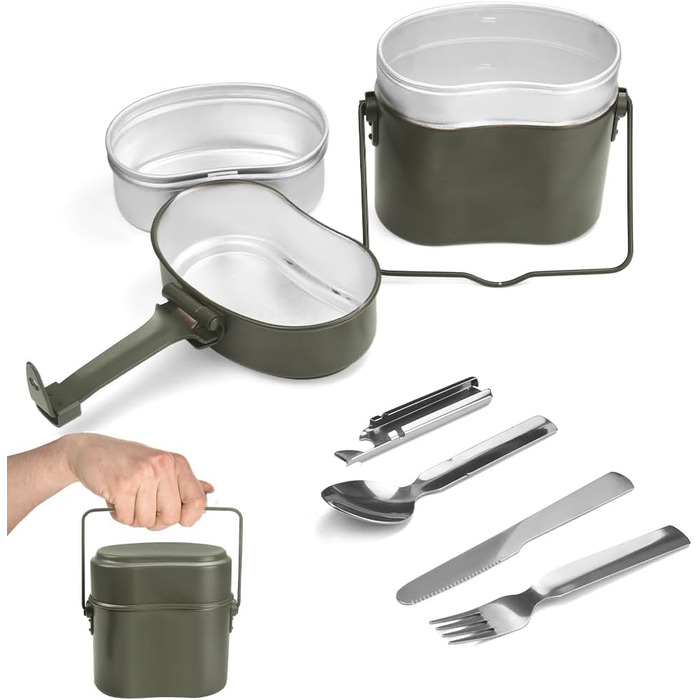 Набір посуду Bundeswehr: термостійкий, для кемпінгу, приготування їжі на відкритому повітрі, з алюмінію, для виживання, армійського користування. Включає столові прибори з відкидним ручками.