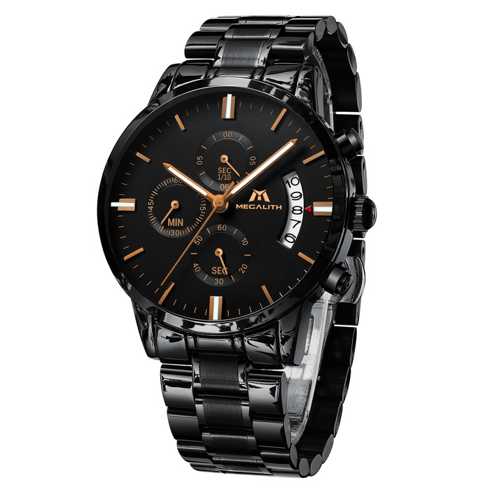 Чоловічий годинник MEGALITH з нержавіючої сталі, хронограф, водонепроникний: велике циферблат, дата, стильний подарунок для чоловіків. Сталь, чорний, рожеве золото