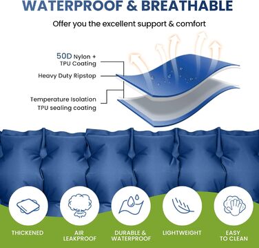 Надувний килимок для кемпінгу LAMA Doppel 200x140x10 см для двох осіб з помпою та подушкою, блакитний