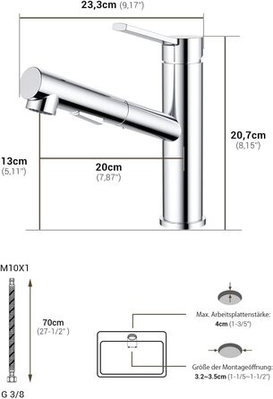 Змішувач кухонний DAYONE з висувною лійкою, нержавіюча сталь, 3 режими, 360° обертання, для кухонної мийки (15 см), матовий (хром, низький вигин-337)