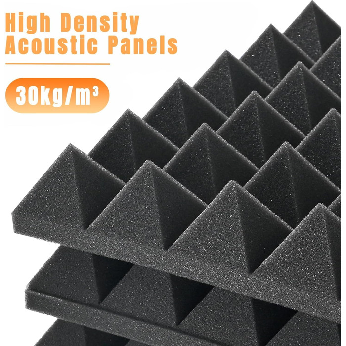 Самоклеючі акустичні панелі з шумопоглинаючого поролону 48 шт, звукоізоляційні пірамідні плити для студії та офісу, чорні, 30x30x2.5см та 30x30x5см