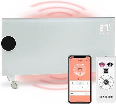Klarstein Electric Heater, Convector Heater with Floor Wheels, Mobile Electric Heater Energy-Saving, Slim, Quiet Electric Heater, Standalone Electric Radiator with Thermostat, 2000 W White Bornholm