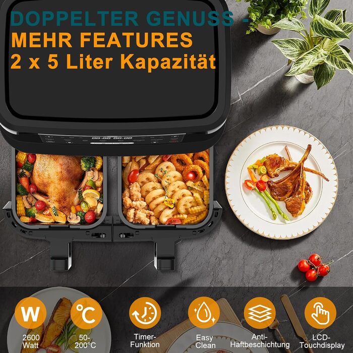 Фритюрниця повітряна з 2 камерами та вікном, 10л XXL, 8-в-1, сенсорний дисплей, таймер, без олії, здорове приготування