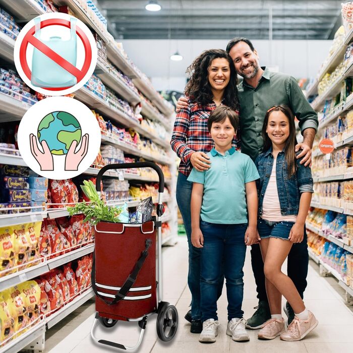 DIVID® Коляска для покупок зі складною візком, 56 л об'єм, до 50 кг вантажопідйомність, складна, сумка через плече та відділення для охолодження, складаний візок для покупок (Червоний)