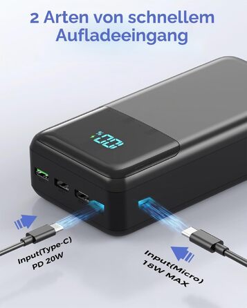 Повербанк Power Bank 60000mAh з швидкою зарядкою 22.5W, зовнішній акумулятор USB-C, 4 виходи та 2 входи, LED-дисплей, чорний