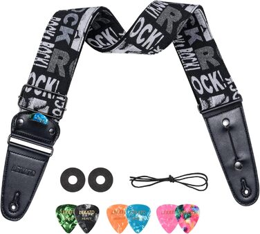 Гітарний ремінь LEKATO, смугастий, 6.7 см, з шкіряними кінцями та кишенькою для медіатора - з 6 медіаторами/фіксаторами ремінця - для бас-гітари, електрогітари та акустичної гітари