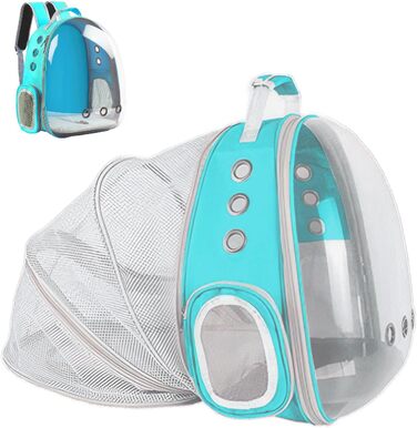 Рюкзак-переноска для котів та маленьких собак, розширюваний, з прозорим вікном та блискавкою, для подорожей та походів (розширювана спинка), блакитний
