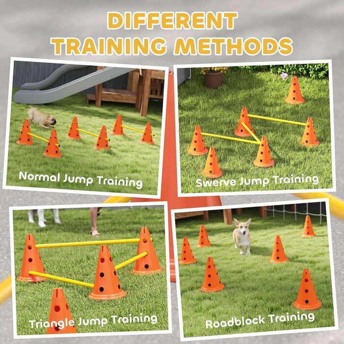 Набір для аджиліті для собак PawHut: 8 кеглів, 8 стійок, 3 перешкоди, регульована висота, з сумкою, оранжевий, багатокольоровий