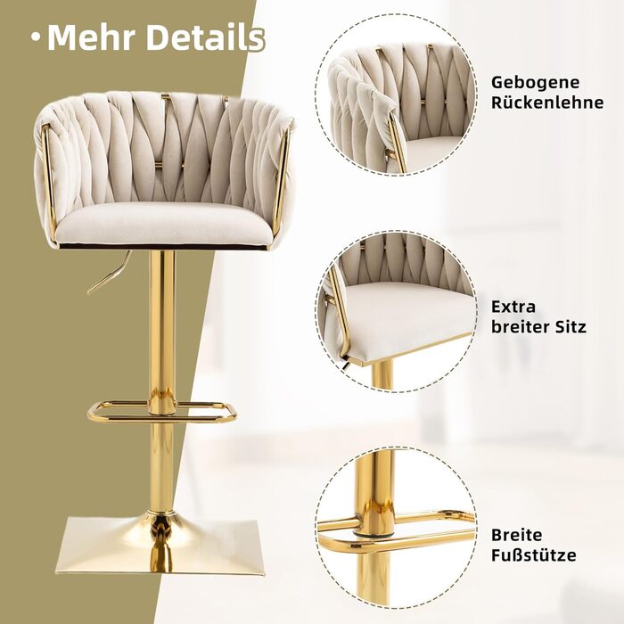 SUPPNEED Velvet Bar Stools 2-Pack - Adjustable Swivel Barstools with Backrest for Kitchen & Home Bar (Ivory)