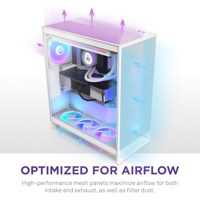 Корпус NZXT H7 Flow для ПК ATX з покращеною вентиляцією | Підтримка 3 x 120 мм вентиляторів для охолодження відеокарти | 3 x 120 мм фронтальні вентилятори | Пластина для встановлення 420 мм кулера спереду | Flow RGB 2024, білий