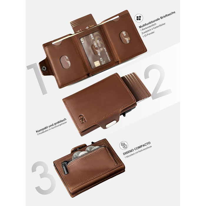 GSG SINCE 1998 Men's Leather Wallet, Slim Wallet with Coin Pocket & RFID Protection Card Holder Portomonee for 9-10 Cards, Slim Wallet for Men brown