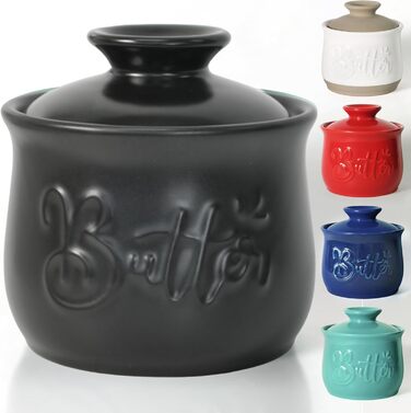 Ceramic butter dish, 156 ml, with water and butter dispenser, holder for spreadable butter, French butter crock with lid, butter container for kitchen countertop, black kitchen decoration