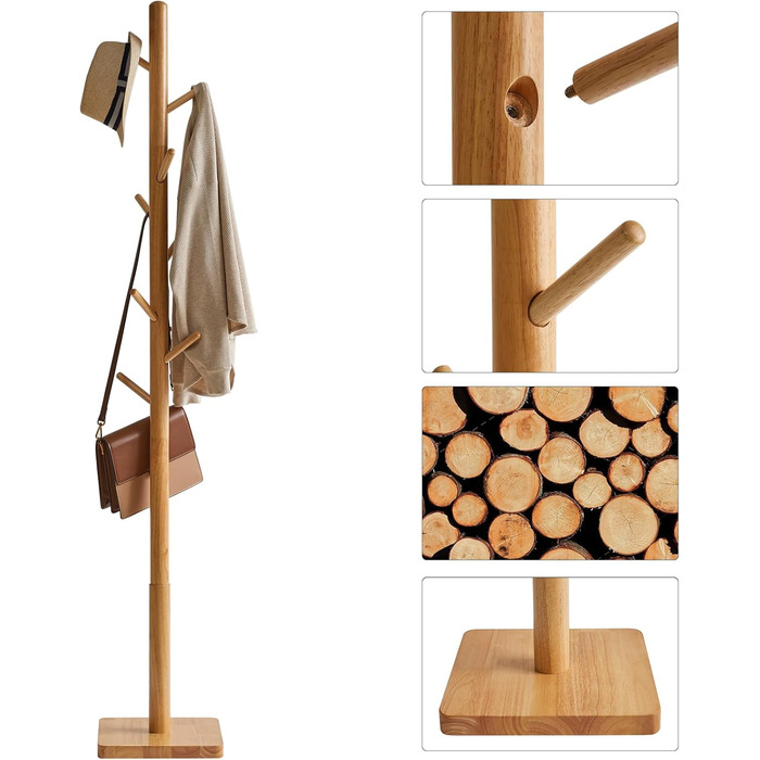 YMYNY Solid Wood Wardrobe Rack, Freestanding Clothes Rack with 8 Hooks, Thickened Square Base, 3 Adjustable Heights, for Bag, Clothing, Living Room, Natural Wood Color HCR002N
