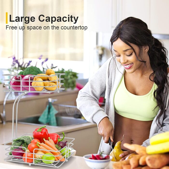 Металева фруктова корзина Bomclap на 2 яруси з підставкою для бананів - кухонна фруктова миска, знімна, декоративна, срібна