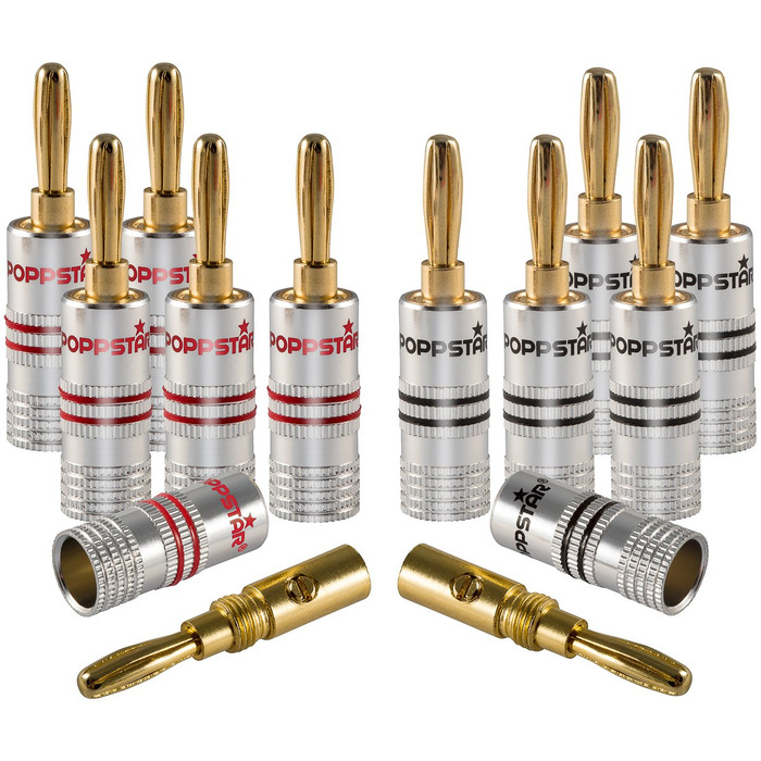 Попстар 12 шт. Бананові штекери High End (до 4 мм², 24k позолота, алюмінієвий корпус, 6чорний, 6червоний)